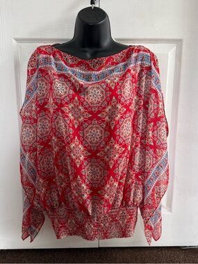 Max Studio Red Medallion Print Boatneck Blouse